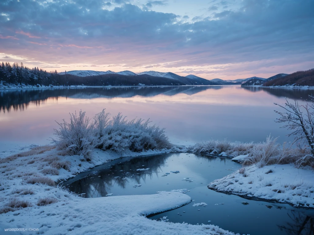 Frozen lake, morning dawn, severe frost, frost, snowing, 4k, high resolution, high detail, random angle, hyperrealism, 300mm, f/10.0, 1/1600ms, HDR