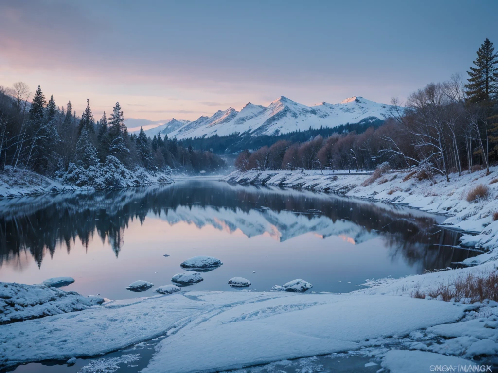 Frozen lake, morning dawn, severe frost, frost, snowing, 4k, high resolution, high detail, random angle, hyperrealism, 300mm, f/10.0, 1/1600ms, HDR