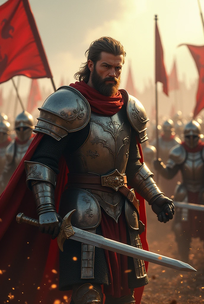 Leon in the midst of battle: The knight Leon, with his shining armor and raised sword, fighting in the middle of a chaotic battlefield. Enemy soldiers surround Leon as he boldly advances, fighting his way through the enemy ranks. The scene is action-packed, with sparks flying and the sound of echoing steel. "hyper realistic"