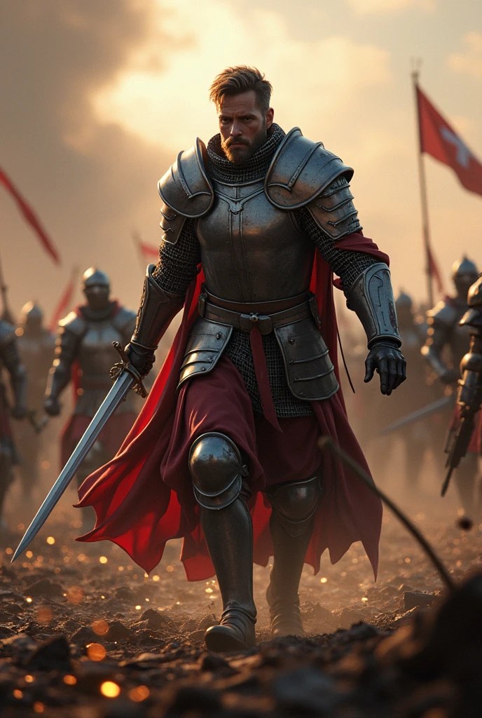 Leon in the midst of battle: The knight Leon, with his shining armor and raised sword, fighting in the middle of a chaotic battlefield. Enemy soldiers surround Leon as he boldly advances, fighting his way through the enemy ranks. The scene is action-packed, with sparks flying and the sound of echoing steel. "hyper realistic"