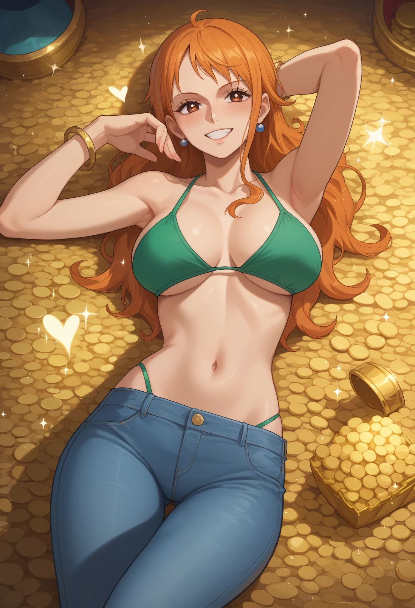 score_9, score_8_up, score_7_up, score_6_up, 1girl,  nami (one piece), green bikini, treasure, gold, sparkling, smile, heart shaped pupils, jeans, lying, on back, mature female, posing, heart, ((sparkles)), holding chalice, diamonds, 