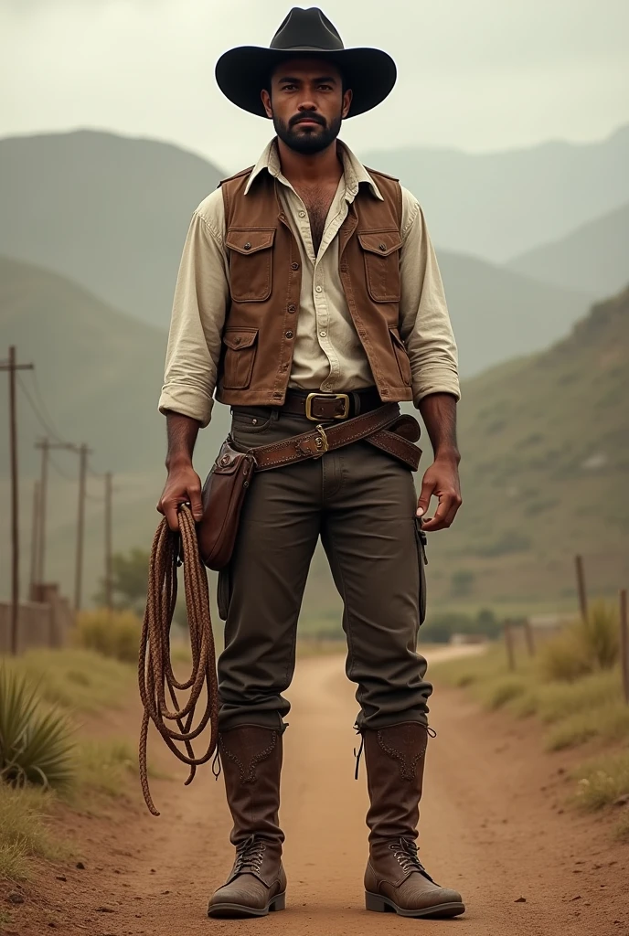 Appearance: Zé Vaqueiro is often described as a man with a firm bearing, wearing typical cowboy clothes, like leather hat, gibbon, leggings and boots. He can also carry a lasso, whip or a cattleman's leash. Personalidade: It's a strong spirit, Coraggioso, hardworking and fearless. Its energy is associated with resistance, to the struggle and overcoming of the difficulties of the backlands. He is respected for his wisdom and ability to deal with life's challenges.. Spiritual Attributions: Zé Vaqueiro is known for being the protector of rural workers, especially cowboys and farmers. He is also invoked to help cure illnesses., in protection against witchcraft, and to bring strength in times of difficulty. a young man with a brown leather vest and a white dress shirt and a leather whip in his hand, a Black man