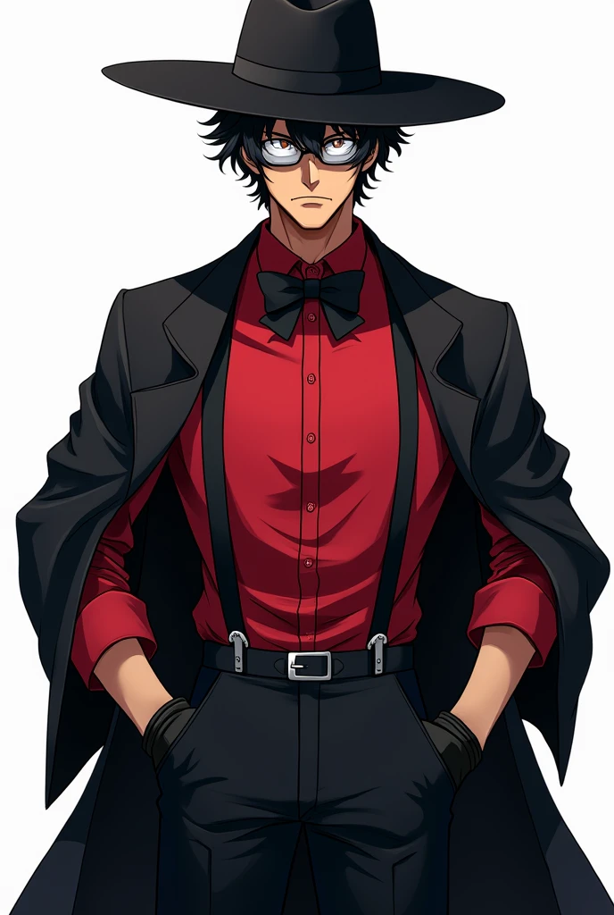 (Artwork), (Line art style from the Hellsing Ultimate anime), (8K), 1 tall man, medium brown skin, short curly black hair, wearing a wide black hat, wearing a red dress shirt with a black bow tie, wearing pants with black suspenders, wearing two black gloves, wearing white lens glasses, wearing a black leather haori, serious look.