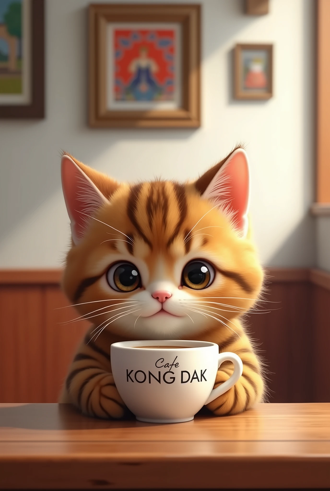 A Scottish Fold cat drinks coffee in a cozy cafe. The cat has tiger-patterned fur. Make the word "cafe Kong dak" on the coffee cup. Make sure the coffee is steaming hot. Make me a cute cat girl. The interior decoration is made up of framed Hermes scarf designs on white walls. realistic.