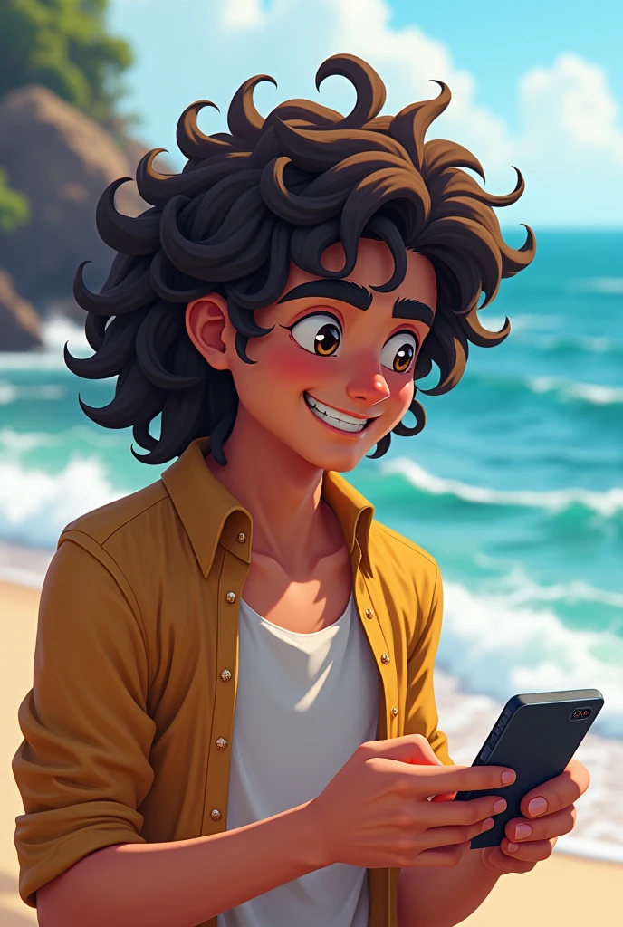 Character 1 male long curly hair 3c,of the phone gamer of the coast