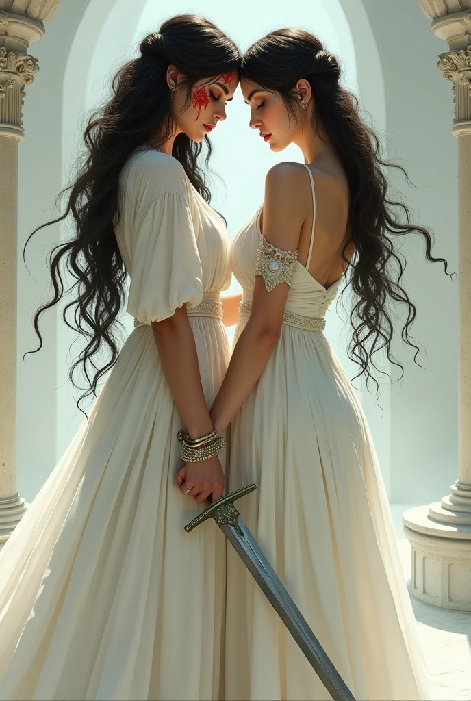 Create a drawing of a black-haired woman wearing a white dress typical of Rome, the right side of your forehead is stained dark red, she holds a silver jade-handled sword, (she has her back to the other woman) Behind her is an ethereal-looking woman who wears a jade bracelet on both hands and both feet, she touches the black haired woman&#39;s shoulder and the black haired woman touches her hand with unspoken intimacy