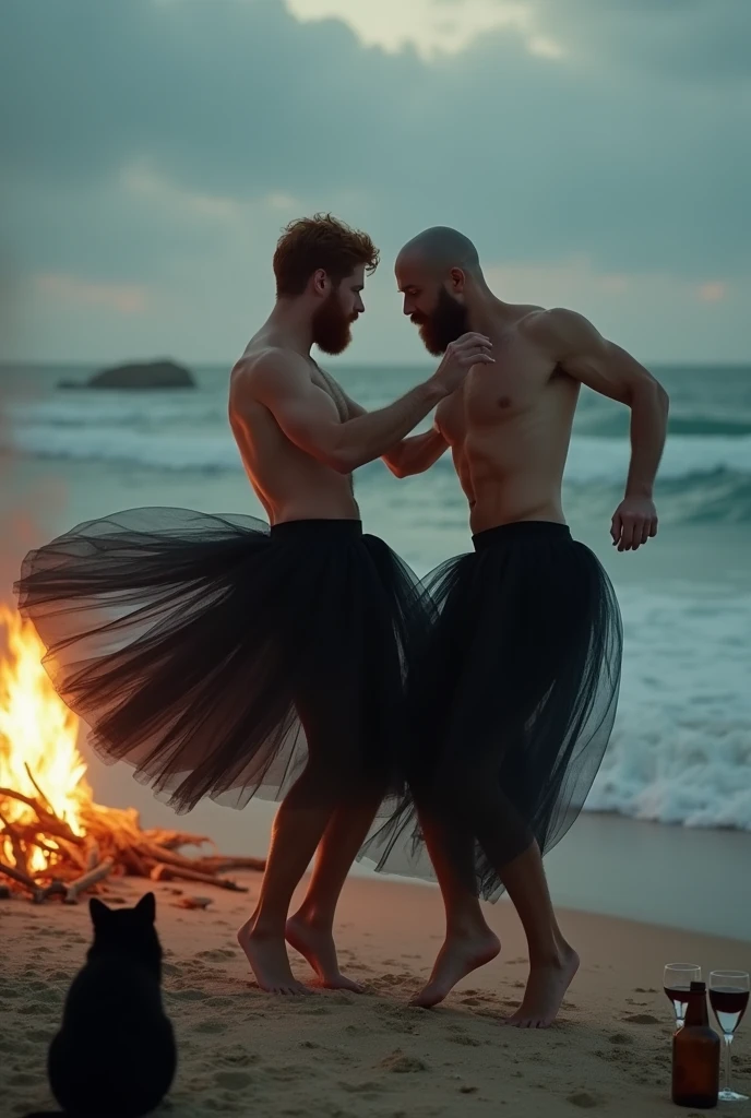 are two strong gay men dancing floating, in a black tulle skirt on the beach by the light of a bonfire, on the left side of the photo,  by the sea. one of them is redheaded the other is white with a shaved head, both with beard. gays, a black cat watches the two, the feet do not touch the ground. agitated coean, scary and mystical atmosphere, magical. bottle and 2 empty wine glasses thrown in front of the image 

