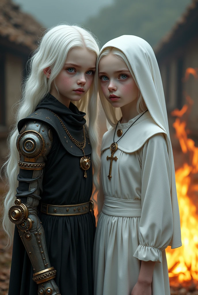 Two albino -teens from the Middle Ages with white hair and violet eyes with their backs turned to each other, the one on the left wearing black alchemist clothes and her left arm wearing a steampunk prosthesis with a pentagram, and the sister on the right wearing white nun clothes., and a cross necklace, facing a bonfire in a village.