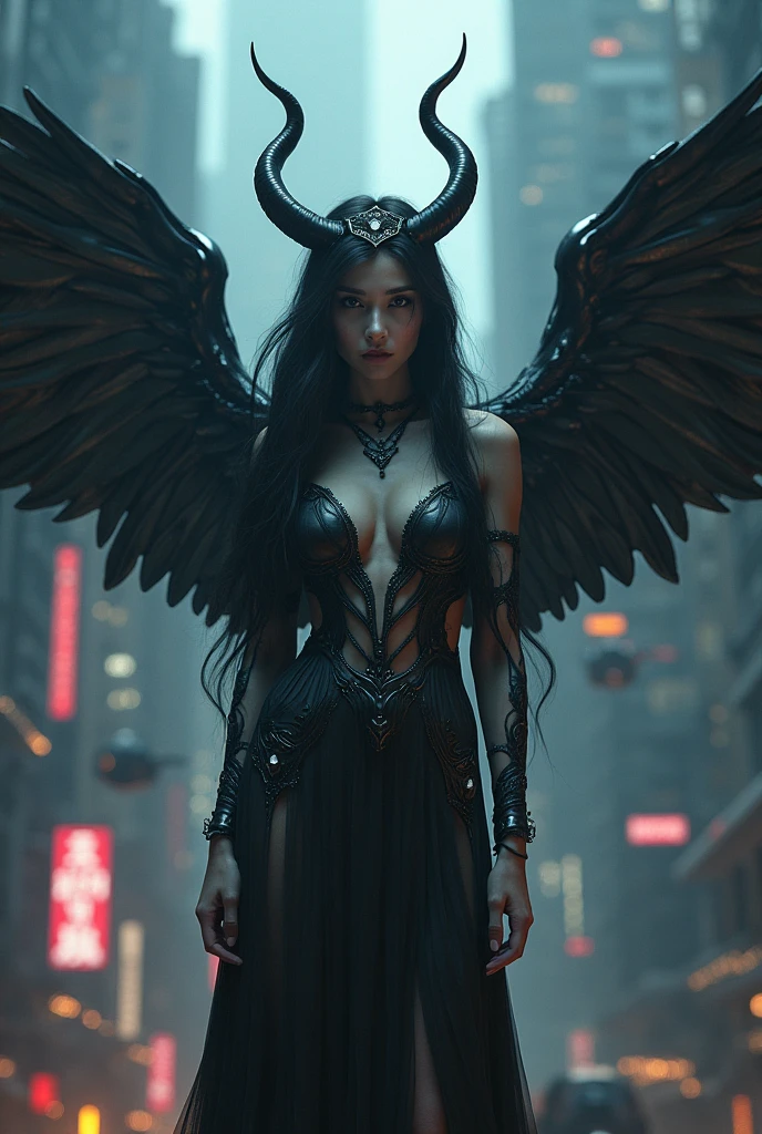 a beautiful young succubus, empress of a galactic empire, intricate detailed face, piercing eyes, full lips, long dark hair, pale skin, elegant horns, black wings, ornate crown, dark intricately patterned dress, floating above a futuristic alien cityscape, neon lights, skyscrapers, flying cars, epic cinematic lighting, dramatic colors, moody atmosphere, photorealistic, 8k, best quality, masterpiece