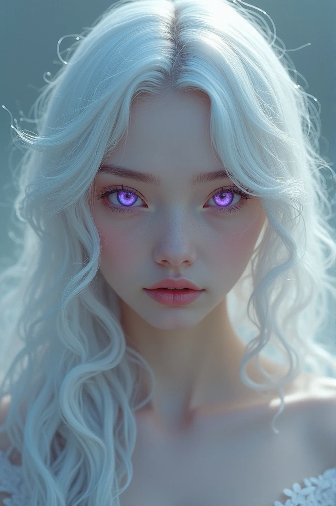 A woman with long wavy white hair with one light pink eye and the other dark purple she is delicate 