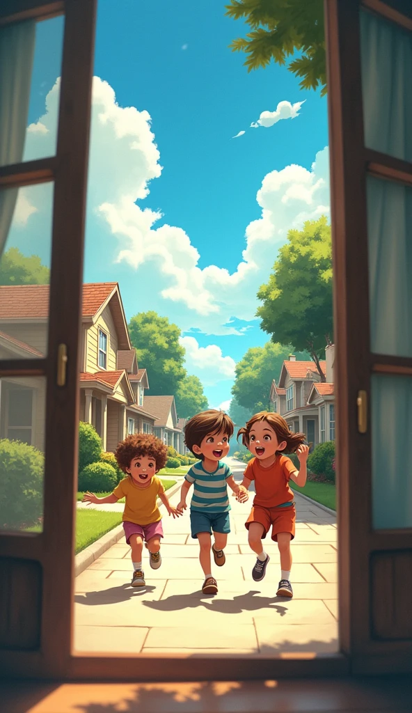 From a window I saw 3 children playing in the street.