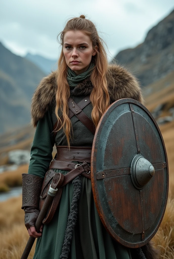 a portrait of a fierce Viking shieldmaiden, embodying bravery and resilience in a rugged landscape,