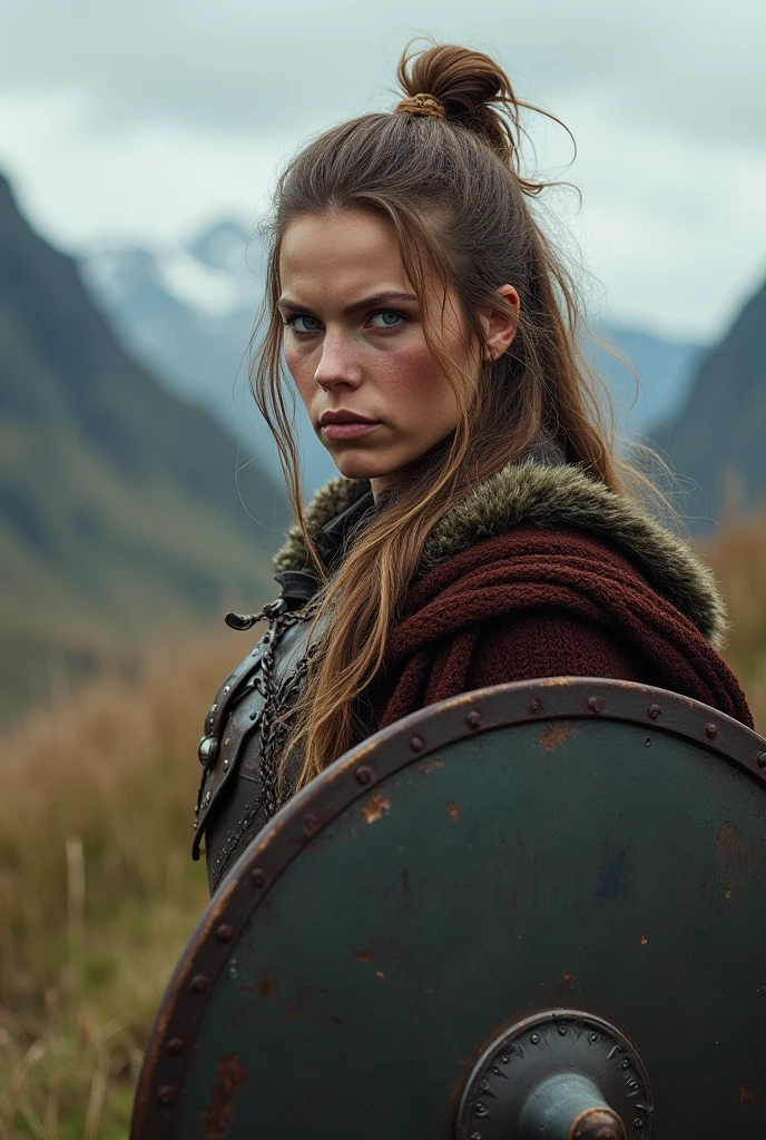 a portrait of a fierce Viking shieldmaiden, embodying bravery and resilience in a rugged landscape,