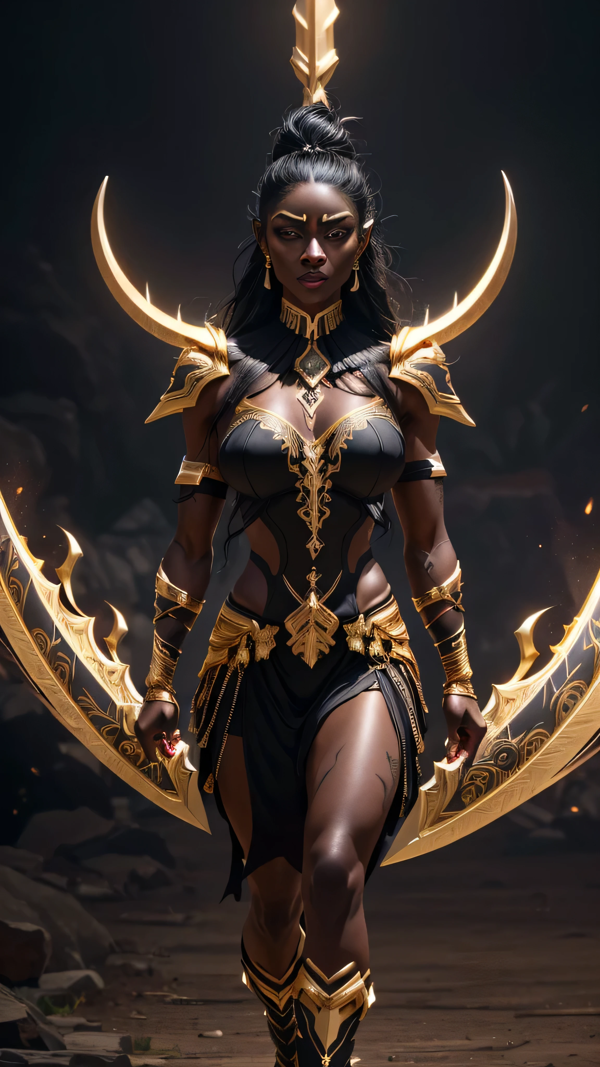 dark shadow, dark shadow skin, black long hair, armor, black vest, gold collar, gold earnings, (big blade), white tatoos, 1woman, solo, full body view, (masterpiece, best quality), (hyper realistic:1.6), ((detailed face)), ((award-winning)), (sharp), (8k resolution), (cinematic lighting)