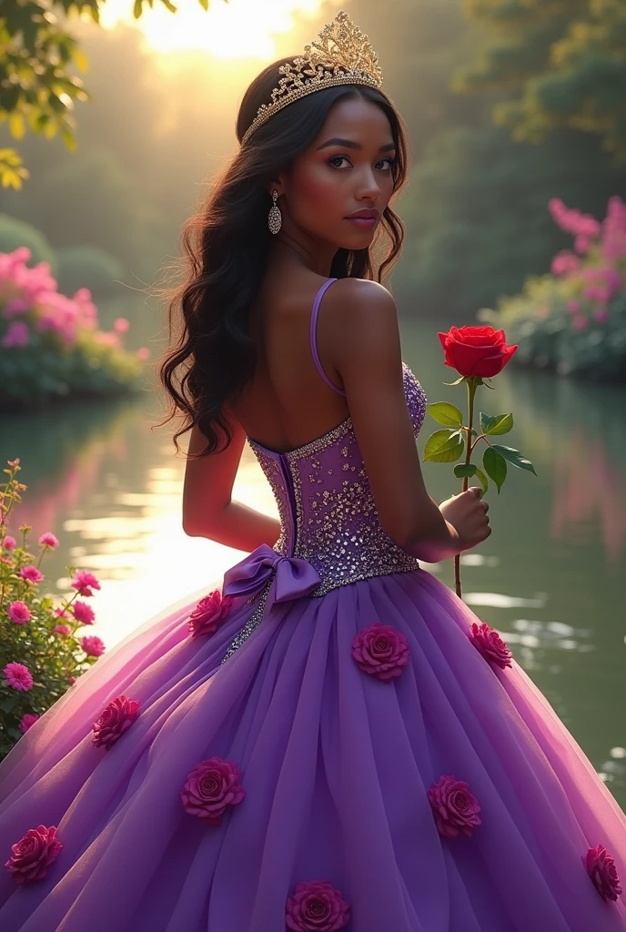Dark-skinned woman wearing a purple quinceanera dress and a bow on the back of the purple dress with pink flowers, purple and yellow with a golden crown with silver stones and a red rose in a lake in the afternoon full of flowers and green leaves with loose hair