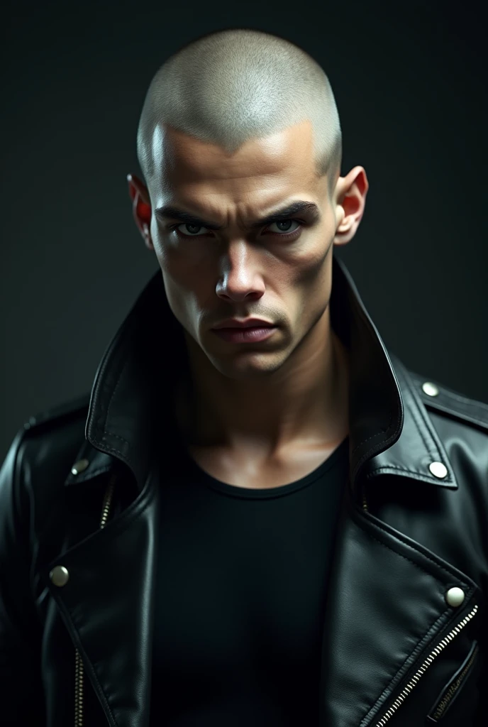Create an intimidating and attractive young man who is serious. He has shaved hair and is very light. He has a leather jacket 