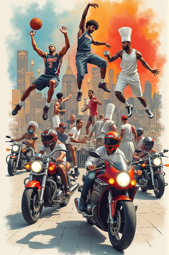 Collage of drawings about basketball, hotels, chefs and motorcycles