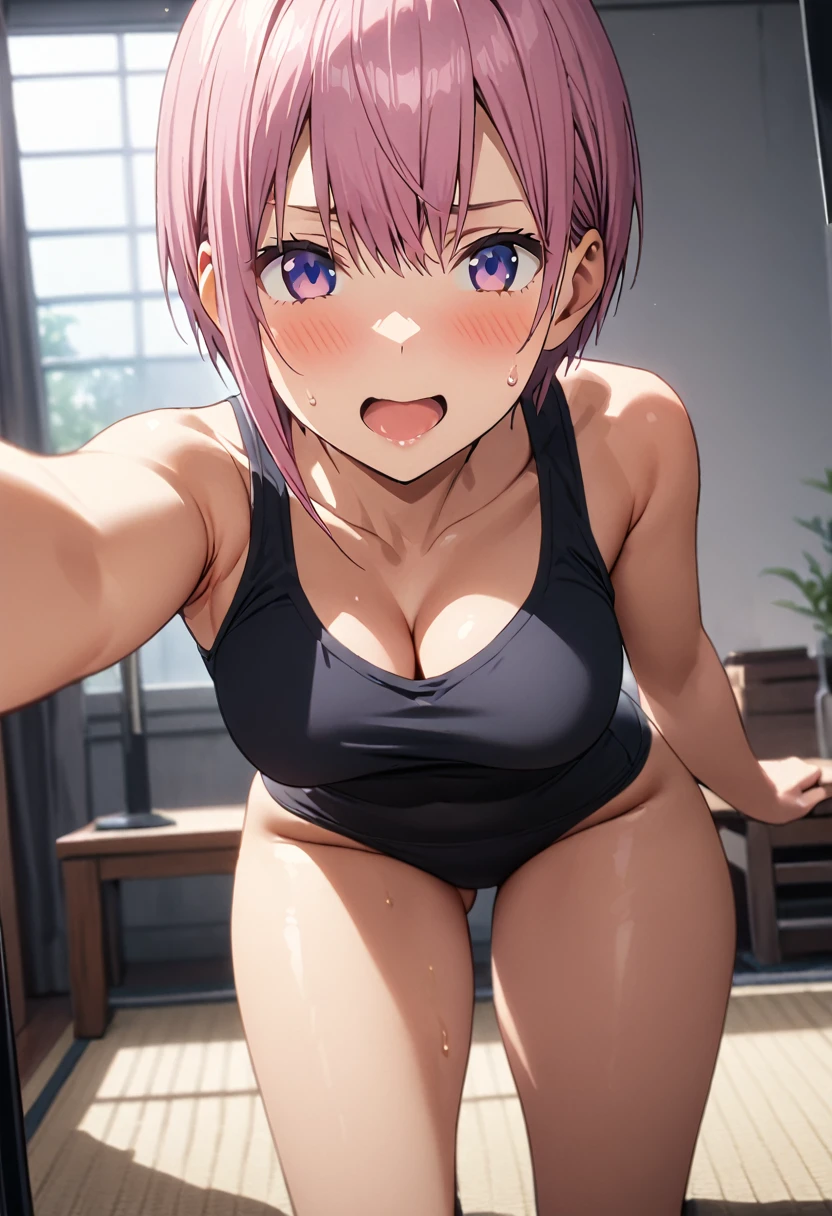 (Highest quality, 4K, 8k, High resolution, masterpiece:1.2), Very detailed, Picturesque, Animated Photography, Photo Animation:1.37)、A Japanese highschoolgirl、(Pink Hair)、(Pixie Cut)、Large Breasts、in a room、under wear、(under wear color:random)、black cheokr、Ecstasy face、trembling、Sweat、Full body photography、selfie、Nakano ichika
