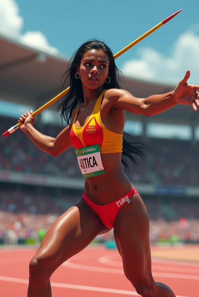 There is an attractive Latin woman, atltica, She is a beautiful brunette woman from the Caribbean, is in the 2024 olympic games in paris, She is throwing a javelin, javelin event, olympic games.