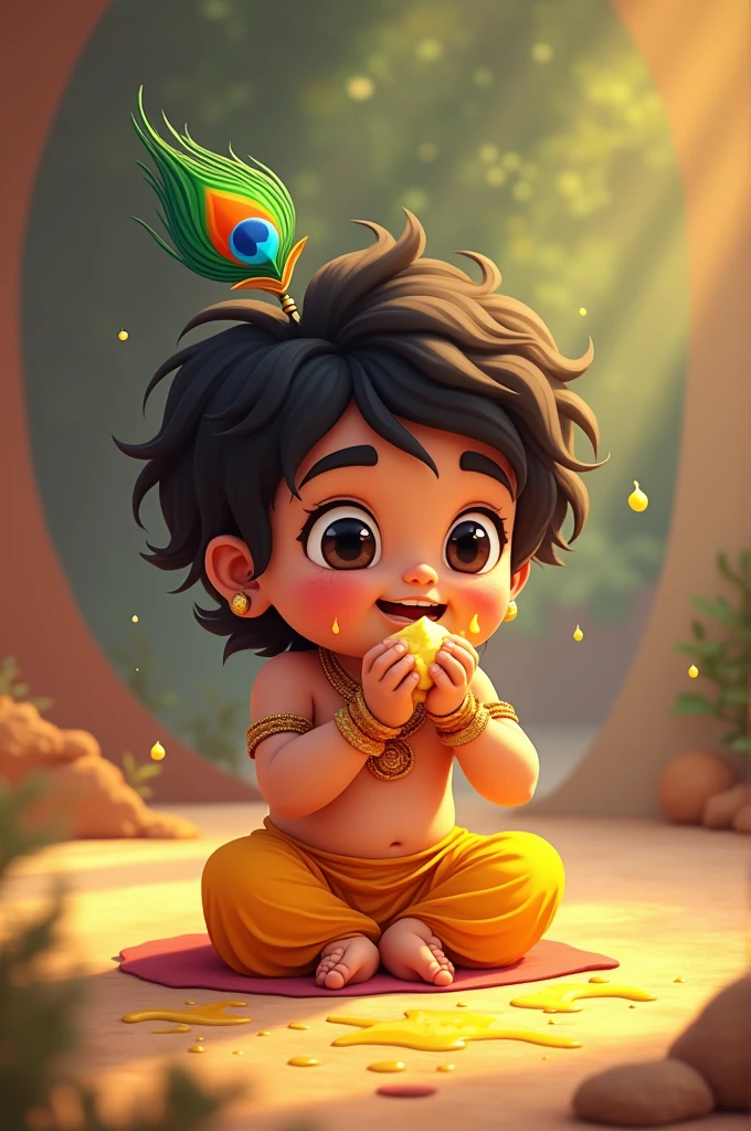 "Create a charming animation of a little Krishna, dressed in his traditional yellow dhoti with a peacock feather on his head, joyfully eating butter from a matka. Capture his playful expression and the messiness of the butter as it spills over, reflecting his mischievous nature and divine innocence."