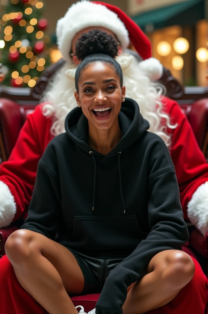 Black woman wearing leather short shorts and black hoodie hair in a bun setting on santas lap in the mall. The look on her face is eyes wide open and excited