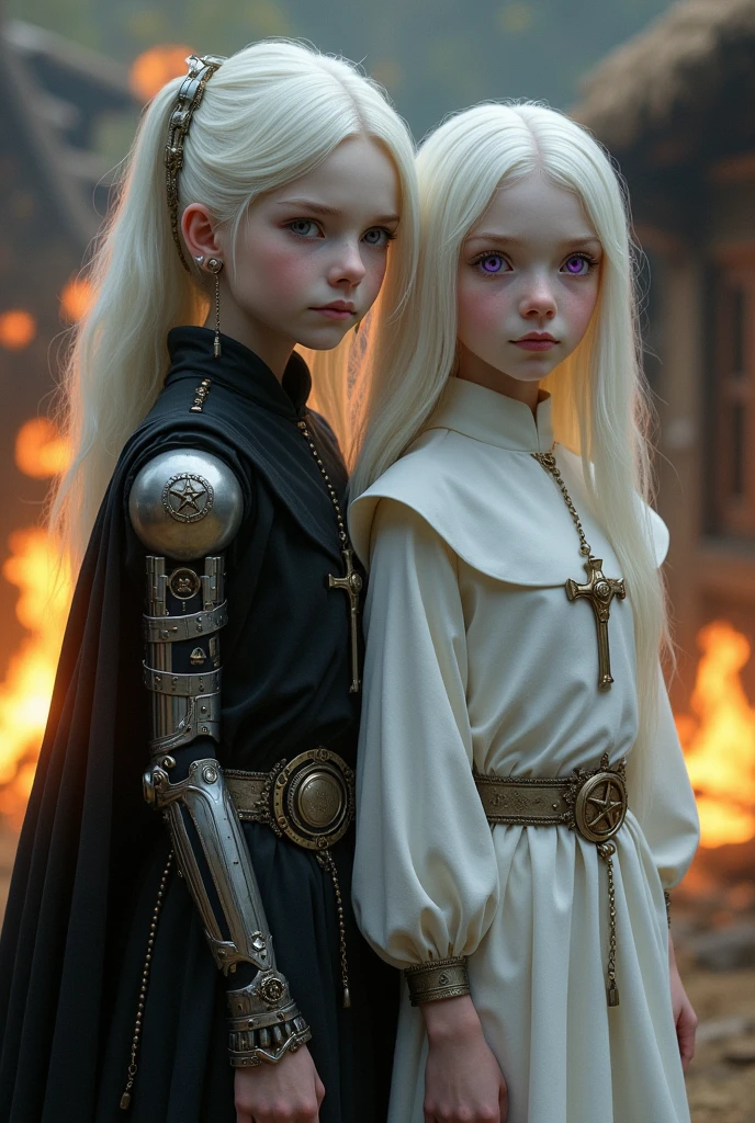 Two albino pre-teens from the Middle Ages with white hair and violet eyes with their backs turned to each other, the one on the left wearing black alchemist clothes and her left arm wearing a steampunk prosthesis with a pentagram, and the sister on the right wearing white nun clothes., and a cross necklace, facing a bonfire in a village.