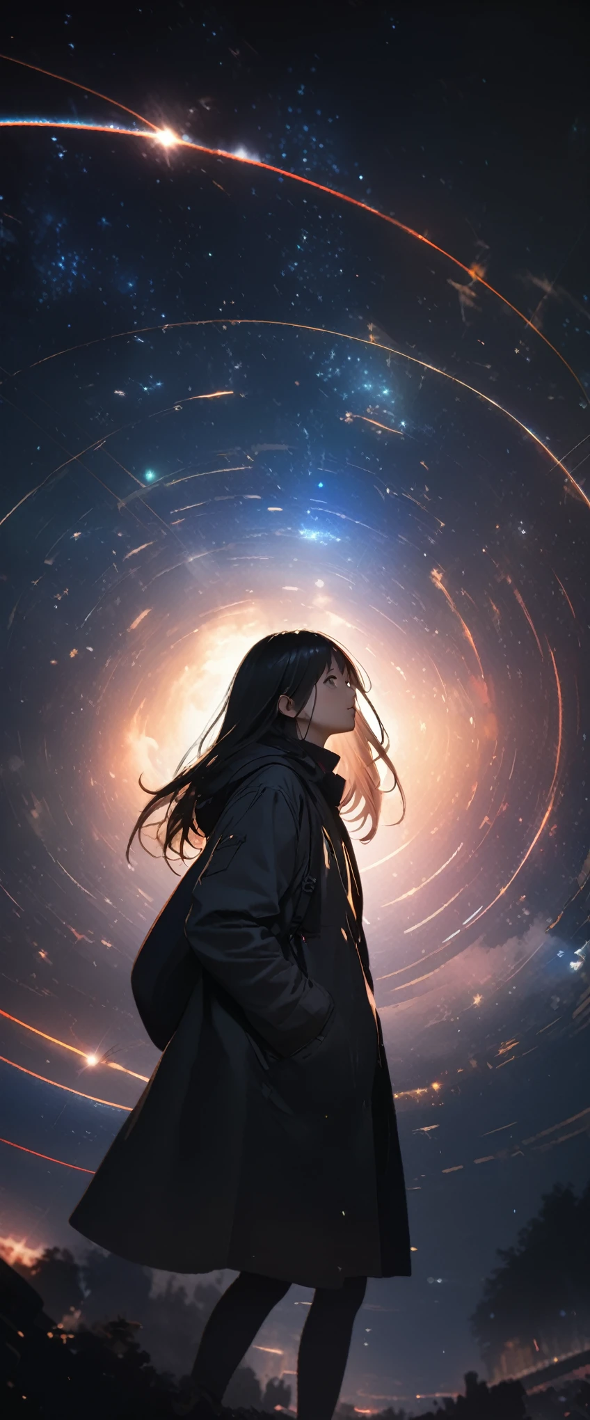 8k,wallpaper of extremely detailed CG unit, masterpiece,hight resolution,top-quality,top-quality real texture skin,hyper realisitic,increase the resolution,RAW photos,best qualtiy,highly detailed,the wallpaper,cinematic lighting,ray trace,golden ratio, BREAK ,many stars twinkling in a beautiful bright winter night sky, long exposure starry sky with many circular orbits, silhouette of a cute young woman with long hair with her hands in her coat pockets looking up at it, photo taken from long distance, photo from below, beautiful kaleidoscope multiple exposures overlapping