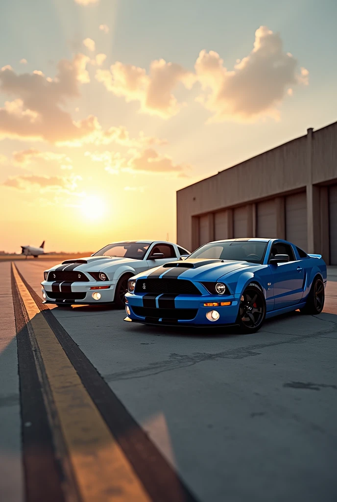 (Photorealism:1.2),soleil couchant, disused outdoor airport tarmac, Ford mustang GT 2005 dual black headlight white stripes, 1969 Ford Mustang Mach 1 Blue with Black Stripes 