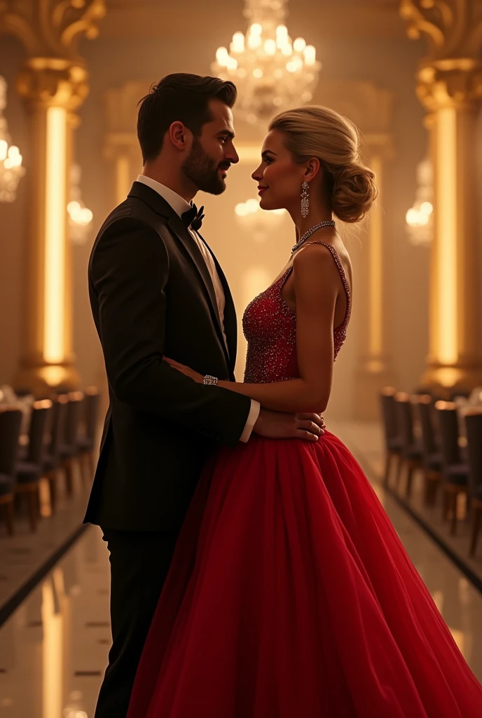 beautiful woman, Red evening dress, accompanied by her boyfriend, big blonde party room,