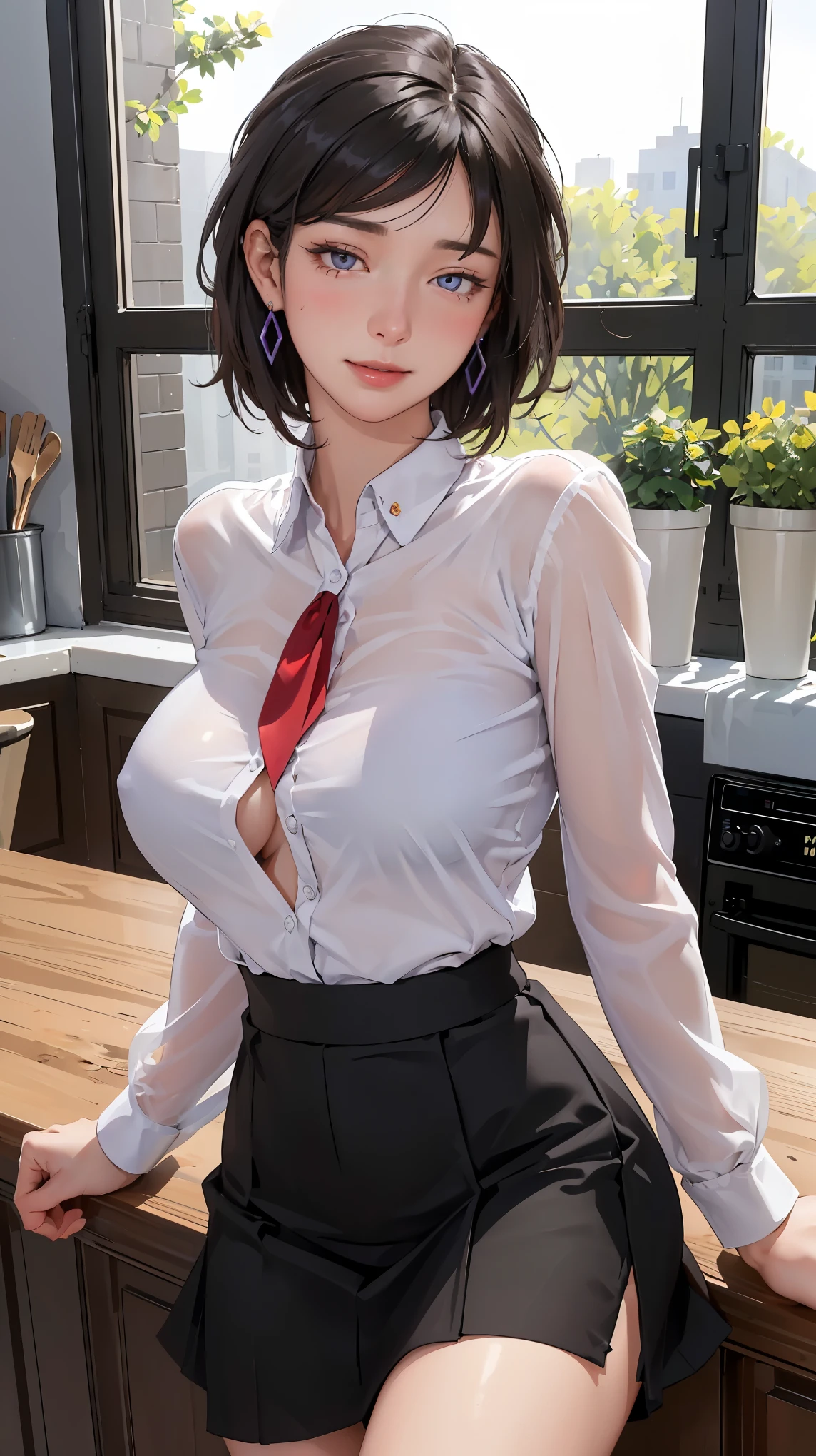 ((((masterpiece, best quality, high resolution)))), Extremely detailed 8K, Beautiful girl with voluptuous body, (Ultra HD, Ultra-detailed, Highly detailed, Highly realistic, Ultra-realistic, photograph realistic), (1girl:1.5), (Realistic black hair), (long silky hair, hair ornaments, earrings), (dynamic poses), facing at camera, looking at viewer, (blushing red, embarrassed, exhausted, smile), (violet eyes, sharp eyes), (big perky breasts:1.2), (wide hips:1.2), (beautiful detailed face, beautiful detailed eyes), ((unbuttoned white translucent blouse, black office skirt)), (detail pussy), (leaning against counter), sweat, glow, (sunbeam, sunlight), ((cowboy shot)), kitchen, seductive