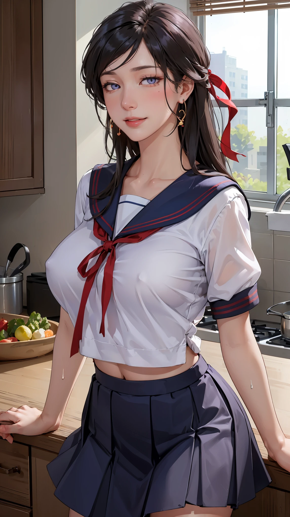 ((((masterpiece, best quality, high resolution)))), Extremely detailed 8K, Beautiful girl with voluptuous body, (Ultra HD, Ultra-detailed, Highly detailed, Highly realistic, Ultra-realistic, photograph realistic), (1girl:1.5), (Realistic black hair), (long silky hair, hair ornaments, earrings), (dynamic poses), facing at camera, looking at viewer, (blushing red, embarrassed, exhausted, smile), (violet eyes, sharp eyes), (big perky breasts:1.2), (wide hips:1.2), (beautiful detailed face, beautiful detailed eyes), ((sailor fuku uniform, red ribbon, blue plated skirt)), (detail pussy), (leaning against counter), sweat, glow, (sunbeam, sunlight), ((cowboy shot)), kitchen, seductive