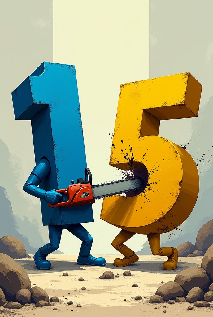 Blue number 11 with chainsaw sawing yellow number 55 in half 