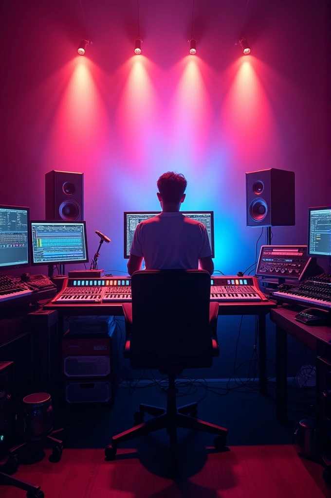 A man in a recording studio with red, blue, lilac colors
