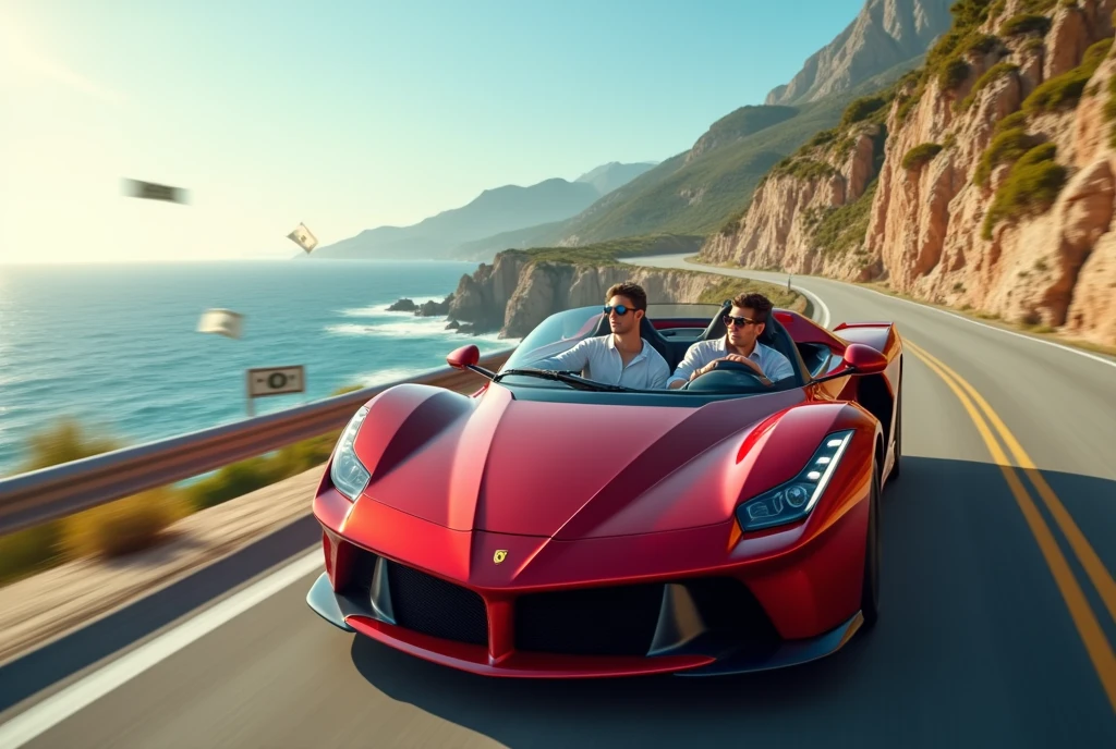 Man driving a sports car: A young man, wearing expensive sunglasses and a gold watch, drives a high-performance sports car on a coastal road. He appears relaxed, with dollar bills flying in the wind, symbolizing financial freedom and success.