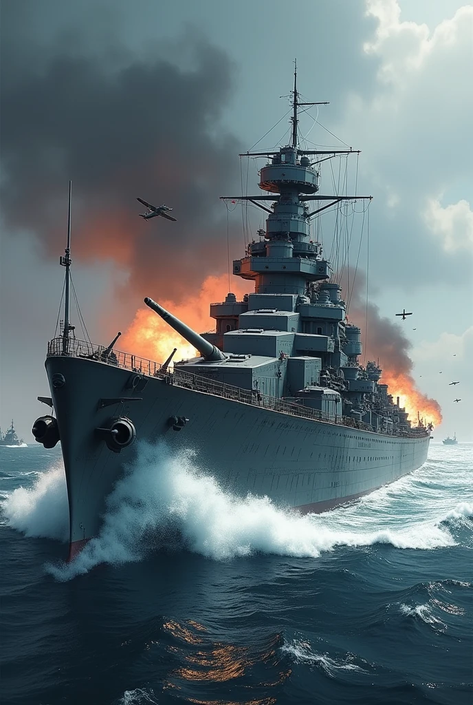 realistic german world war ii battleship bismark (with all their weapons equal to reality), attacking English ships and planes, firing from the bow and stern turrets, with view from the side, realistic image, for a 1920s horizontal computer background*1080 pixels