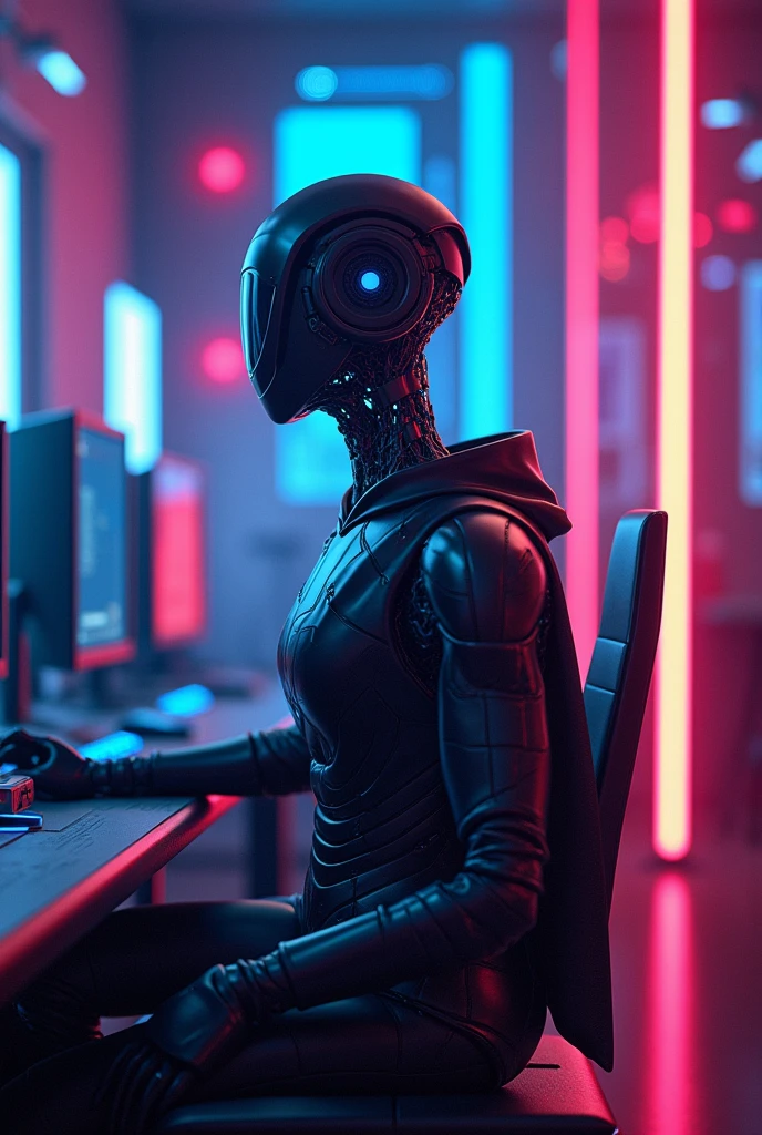 Generates an image of a robot programming with purple colors More animated For a shield for systems and robotics