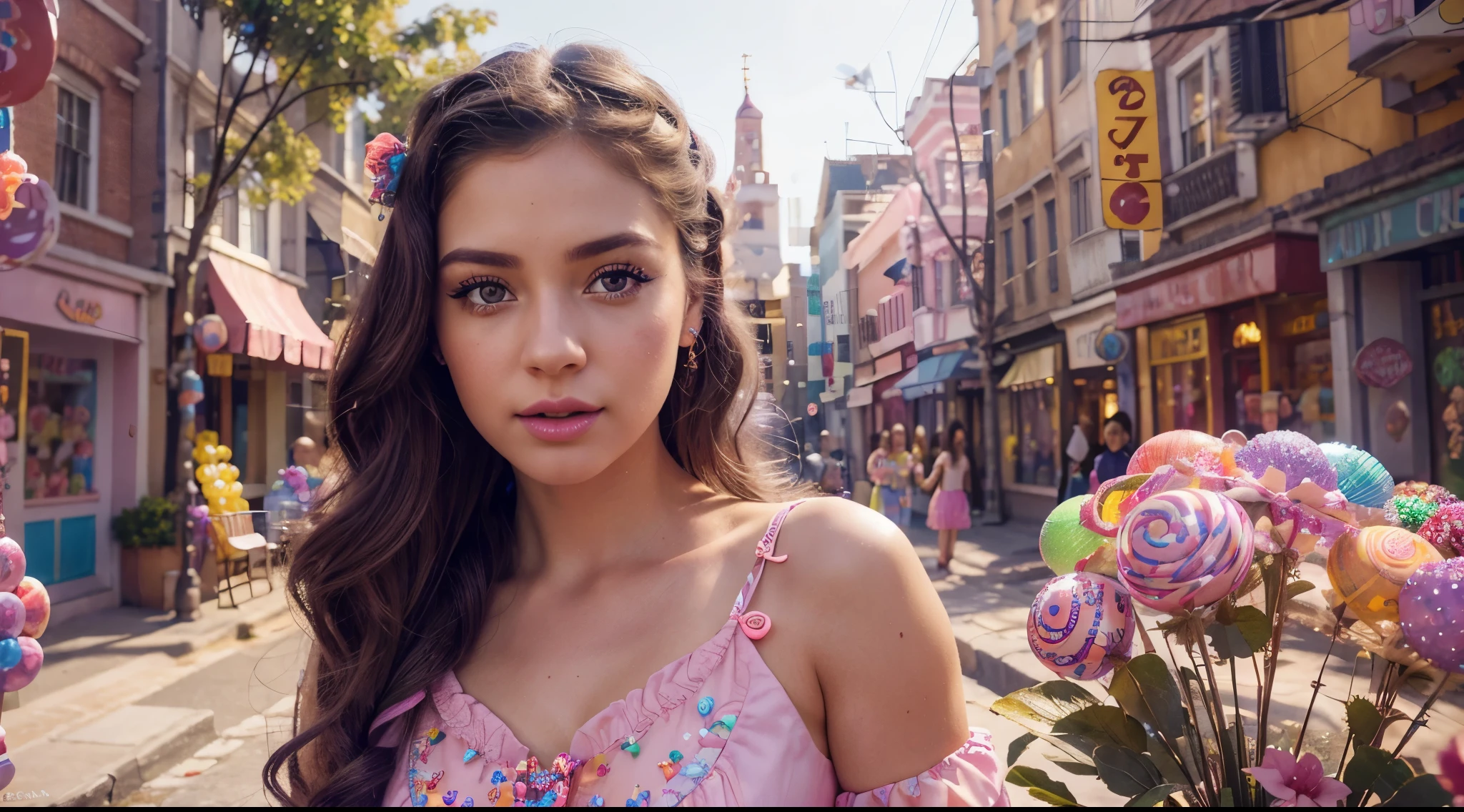 a candy princess, highly detailed, 1girl, beautiful detailed eyes, beautiful detailed lips, extremely detailed face and features, long eyelashes, wearing a colorful candy-themed dress, holding a lollipop, standing in a fantastical candy landscape, vibrant colors, soft lighting, cinematic composition, 8k, hyper-realistic, intricate details, masterpiece, digital art