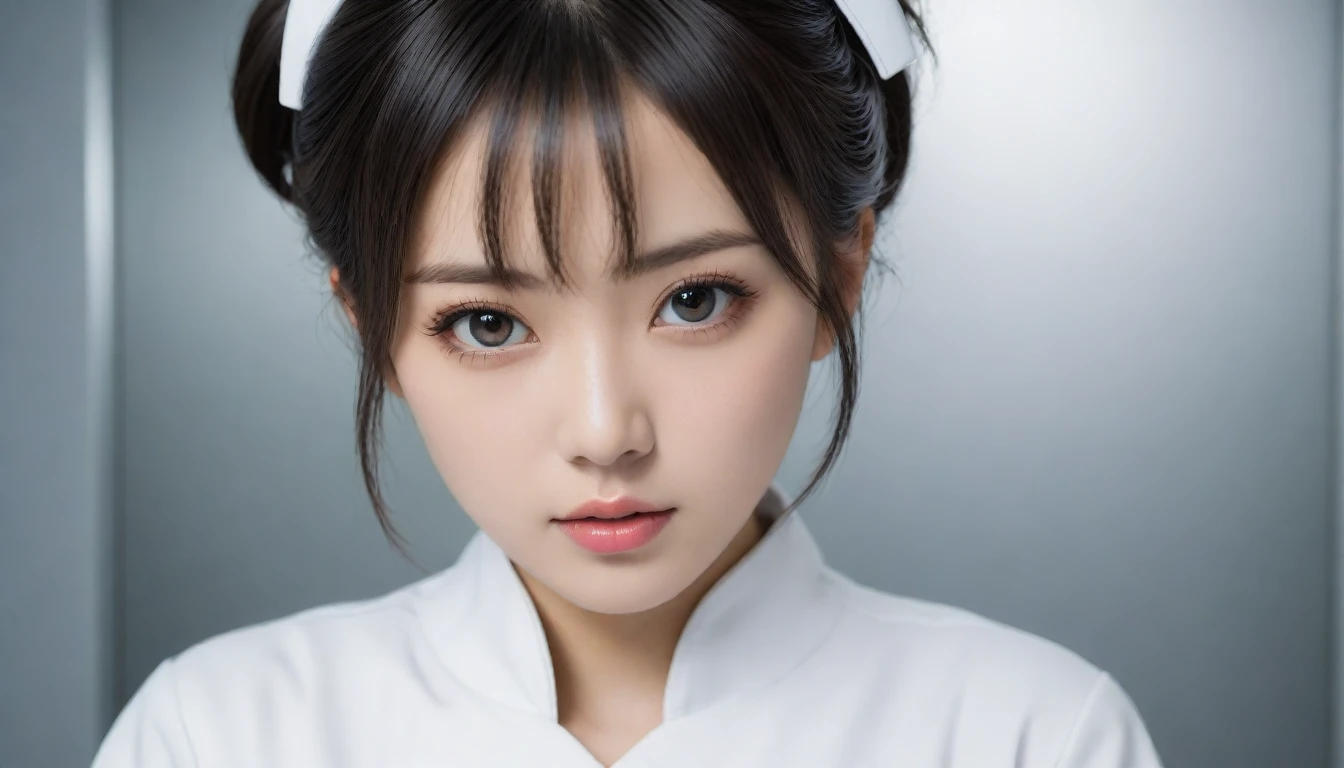 8k, Ultra-high resolution, Highest quality, masterpiece, 三分割法によるphotograph,Surreal, photograph, 1 , (:1.3), cute, cute顔, 細部までBeautiful Eyes, 細かくdetailedに,masterpiece,One Girl:1.2,Japanese women,nurse,upper body,glaring,Black short hair,half updo,ID photo,(Futuristic nurse uniform:1.3),cyber punk,Medical Treatment Room,white collar,(Beautiful attention to detail),Subtle details, detailedな顔,anger,Attractive eyes,(ポートレートphotograph:1.4),(Photorealistic images:1.4),Fantasy art,(Beautiful Face:1.4),美しくAttractive eyes、Beautiful Eyes,Silver residue,(Tight waist:1.4)、(Beautiful with perfect body proportions:1.4),Pink Lips,profile,(((Ideal body type))),A-cup small breasts :2,、Portraiture:2、Perfect Anatomy、鮮明なdetailed、detailed,Fashion magazine cover,Thin lips,完璧でBeautiful Face ,完璧でcute顔, Skin with attention to detail, Perfect limbs、Narrow waist,Surreal,Light and shadow,spotlight