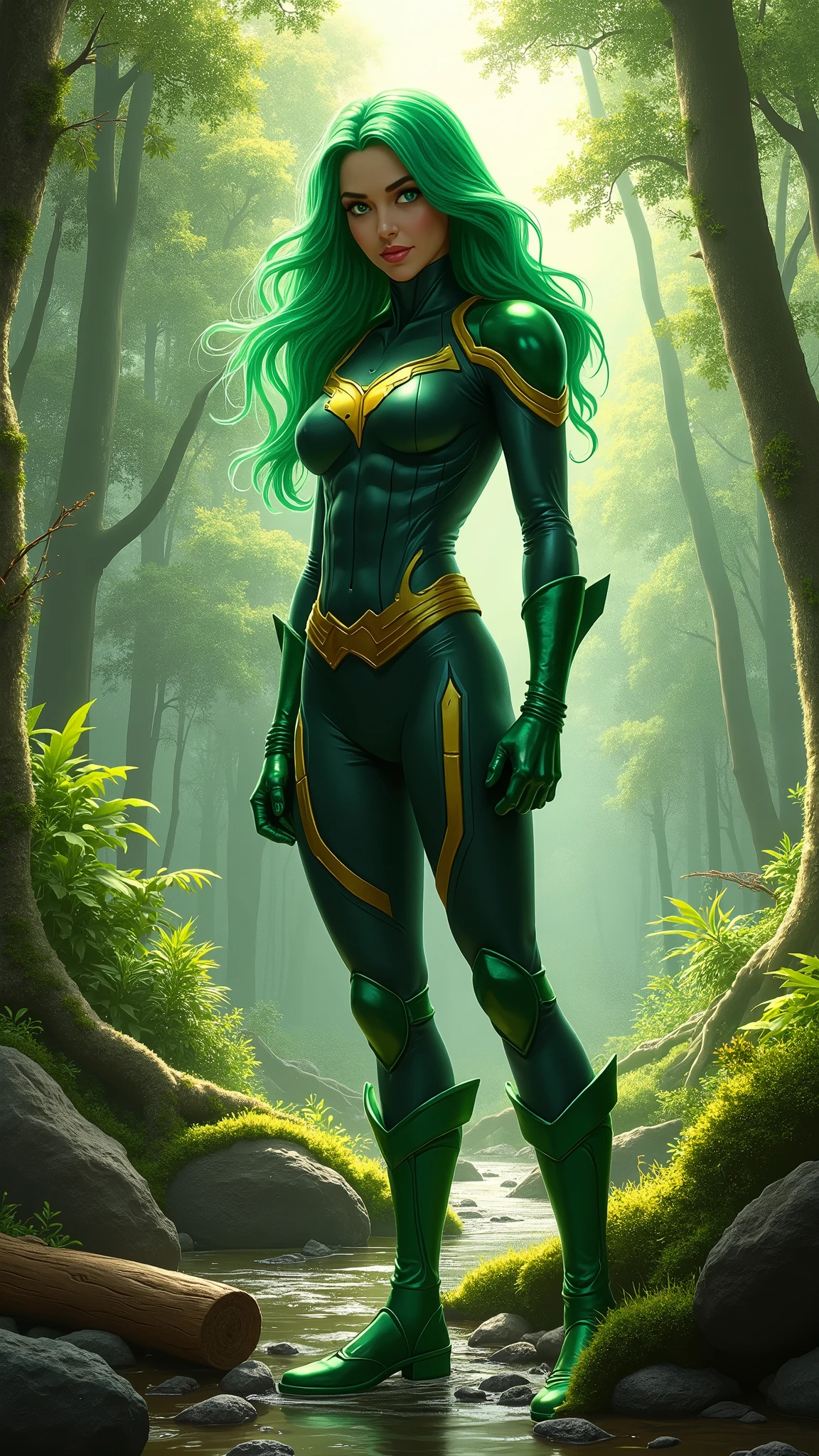 Mid-30s woman, green hair, Superhero outfit, in forest. detailled, photorealistic 
