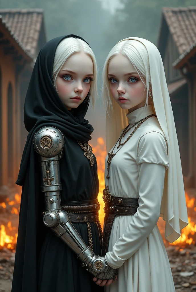 Two albino pre-teens from the Middle Ages with white hair and violet eyes with their backs turned to each other, the one on the left wearing black alchemist clothes and her left arm wearing a steampunk prosthesis with a pentagram, and the sister on the right wearing white nun clothes., and a cross necklace, facing a bonfire in a village.