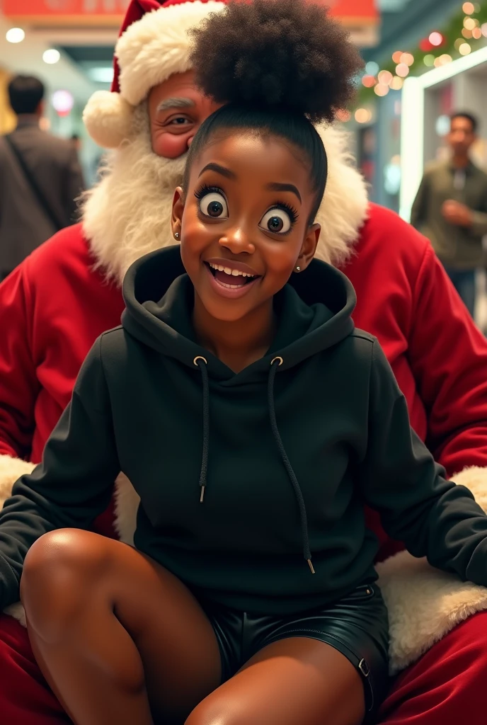 Black woman wearing leather short shorts and black hoodie hair in a bun setting on santas lap in the mall. The look on her face is eyes wide open and excited