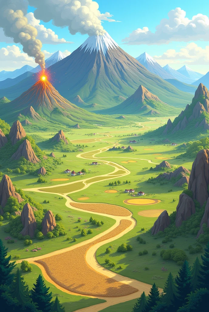 Create an extensive landscape for second grade children that is divided into different reliefs such as volcanoes., sowing plain, Plateaus, Hills, mountain ranges, mountains and locate each one in the image