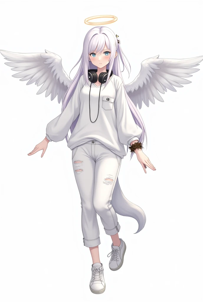 Character with white sneakers, a pair of ripped white pants with a pocket a white blouse with a pocket and long sleeve headphones around the neck, ángel wings, a wolf&#39;s tail, a small white ponytail up and white hair angel halo a symbol in the eye a bracelet of thorns on the wrist serious face with a small smile anime style man png