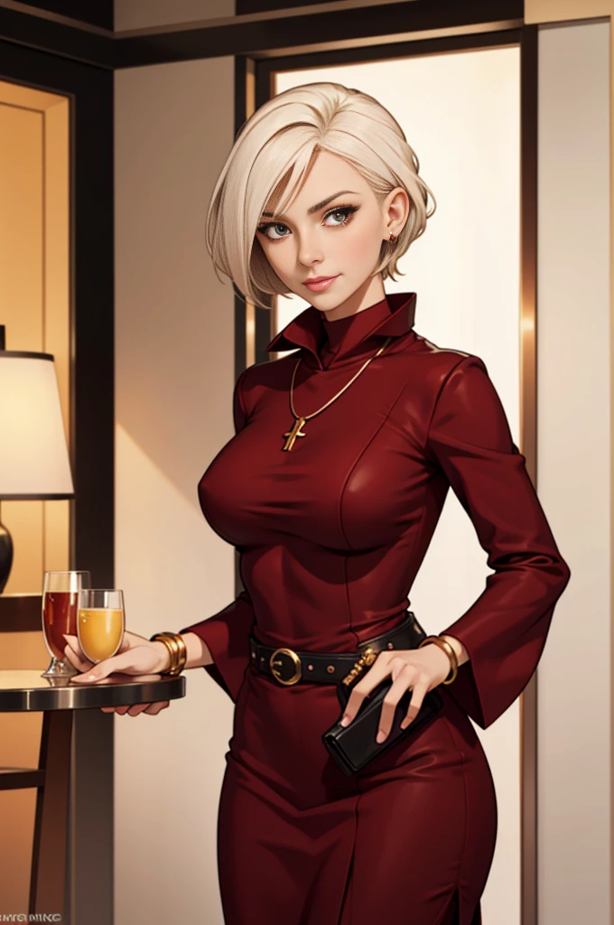 cute date night, mature woman, 2, platinum blonde hair, red long sleeve silk dress, (long sleeves), large breasts, velvet,  bangle, short hair, geometric, asymetric,  in a modern hotel lobby, solo, one woman, cute date night outfit, cute fit, [Victoria Beckham],[[KateBeckinsale]],[[[Jenna Coleman]]], thick belt, smiling, happy, necklace, leather clutch