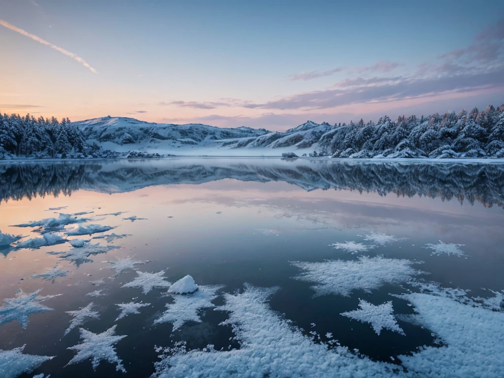 Frozen lake, morning dawn, severe frost, frost, snowing, 4k, high resolution, high detail, random angle, hyperrealism, 300mm, f/10.0, 1/1600ms, HDR