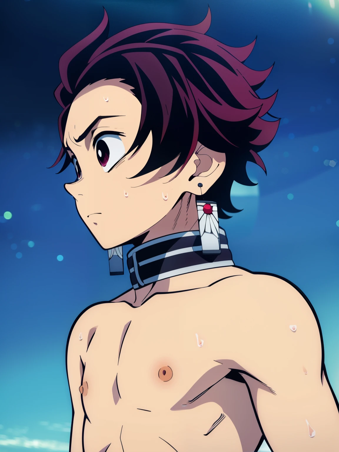 Highres, Masterpiece, Best quality at best,Best Quality,hight quality, hight detailed, Anime style, 1boy, Shota, young boy, Tanjiro, red hair, earring, slim body, Shirtless, bare chest, gag harness, Muzzle, gagged, look at viewer, from the front, (very young boy), (very small and short body), simple beckground, cute boy, Uhd, bokeh, sweat