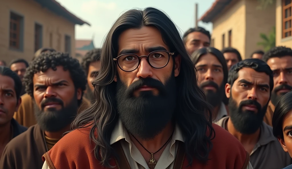 a young teacher who wears glasses with long black hair and a very large black beard. among humble people