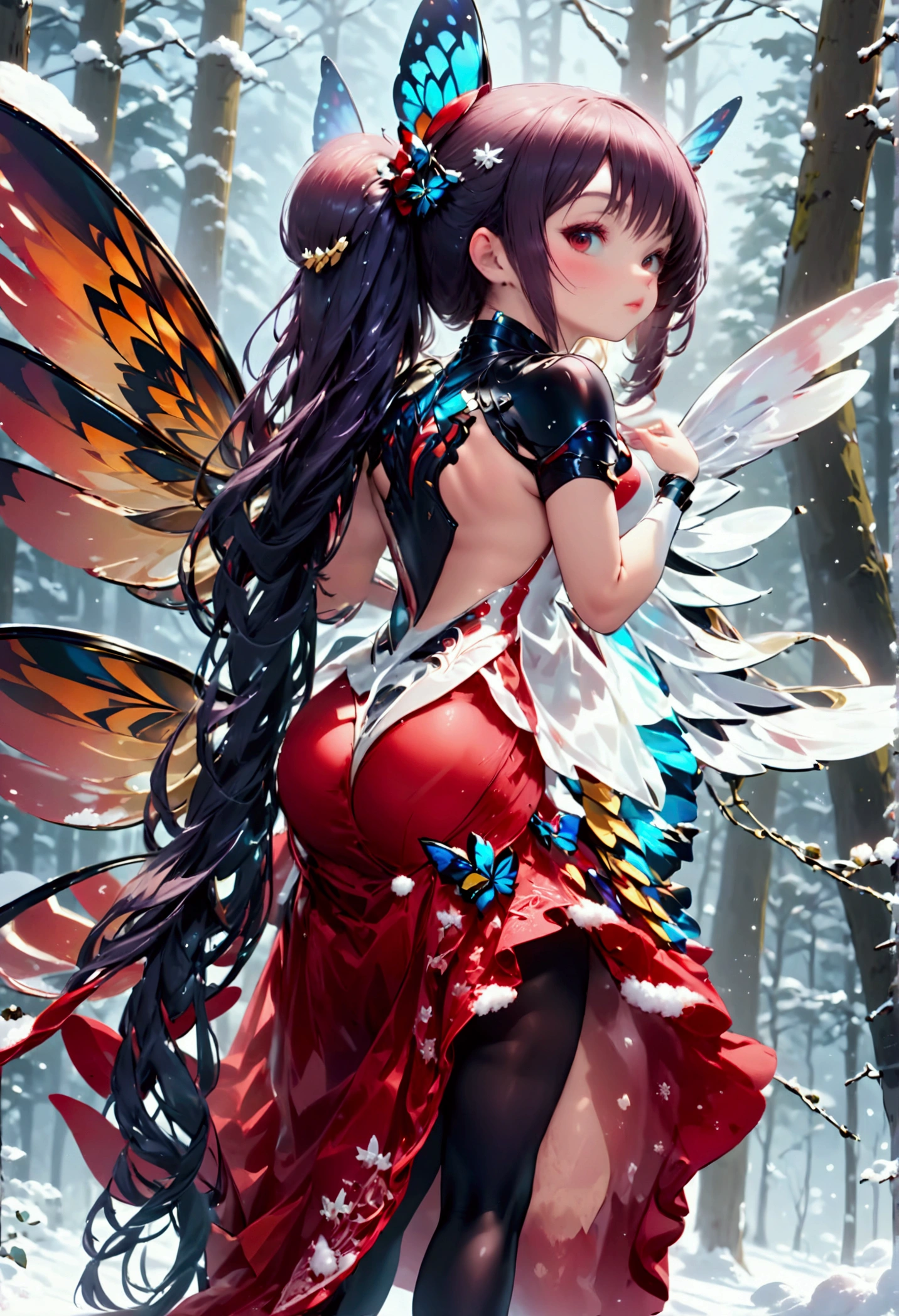 (oil painting art: 1.5) a most beautiful fairy playing in the snow, a beautiful fairy, ((full body shot: 1.5)), (best detailed face: 1.3), spread butterfly wings, dynamic hair color, dynamic hair style, busty, wearing red silk dress, intricate silk, wearing high heels boots, she is playing the snow, fresh snow in the forest, high snow, long shot,  High Detail, Ultra High Quality, High Resolution, 16K Resolution, Ultra HD Pictures, Ultra Realistic, Clear Details, Realistic Detail, Ultra High Definition, DonMF41ryW1ng5XL, Cryptic Paladin 001