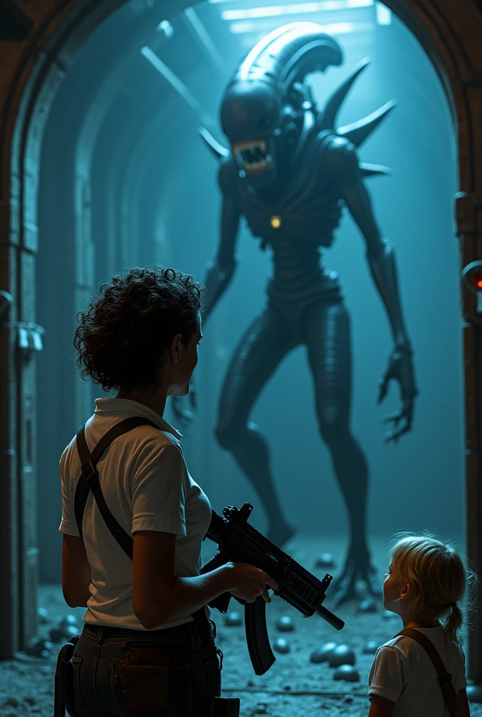 a woman with short curly hair, in a white shirt, and there is a  blonde girl next to her, the woman has a machine gun in her hand, and is sweaty, and is in a very dark ship, with blue light reflecting in the background, the room it is full of dark eggs stuck in a root in the ground, which you can barely see, and behind the woman is a large, thin and complex xenomorph alien, it is black and has sharp teeth