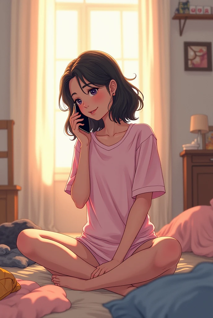 One girl chatting in a phone .she wared light pink colour t shirt and light pink colour night pant in one room.she sat in flore